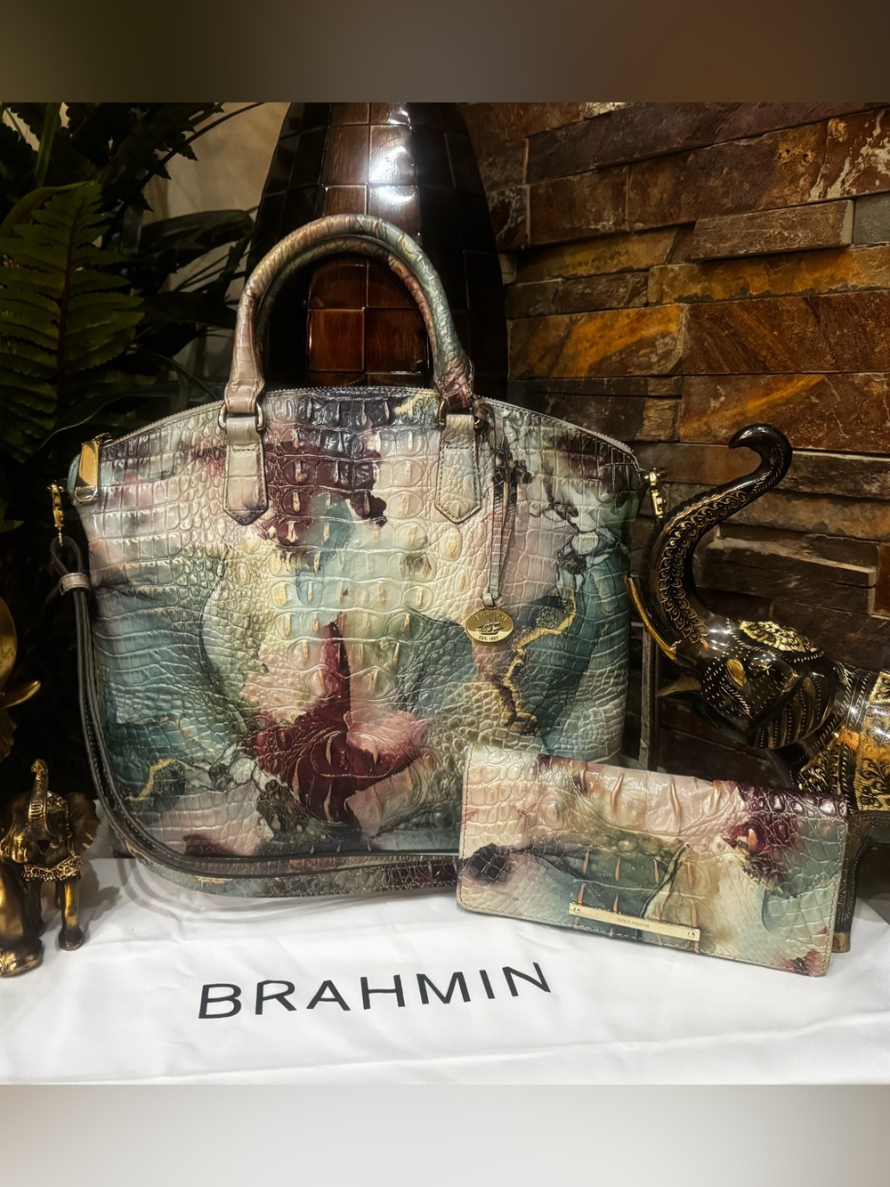 Brahmin Floral Embossed Leather Satchel with matching wallet /Teal, Pink & Cream